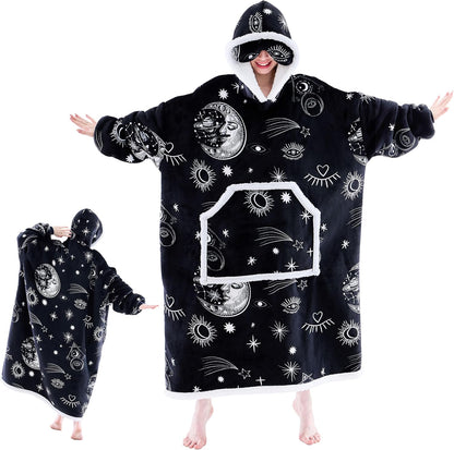IFNOW Wearable Blanket Hoodie, Oversized Sherpa Fleece Hooded Blanket Sweatshirt with Eye Mask and Pocket, Comfy Long Flannel Blanket for Adults Men,Gifts for Women Mom Girlfriend,MoonFace