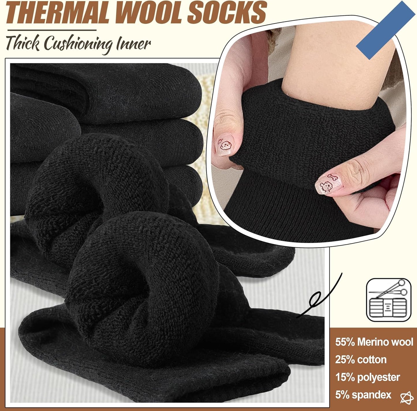 EBMORE 5 Pairs Women Merino Wool Boot Socks Warm Thermal Winter Thick Hiking Cozy Cabin Crew Comfy Socks for Ladies