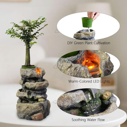 Kalona Tabletop Waterfall Fountain Rockery Fountains Soothing Sound Tabletop Fountains Home/Office Decor with a Small Plastic Pot to Grow The Plant by Yourself(Automatic Watering)(22020)