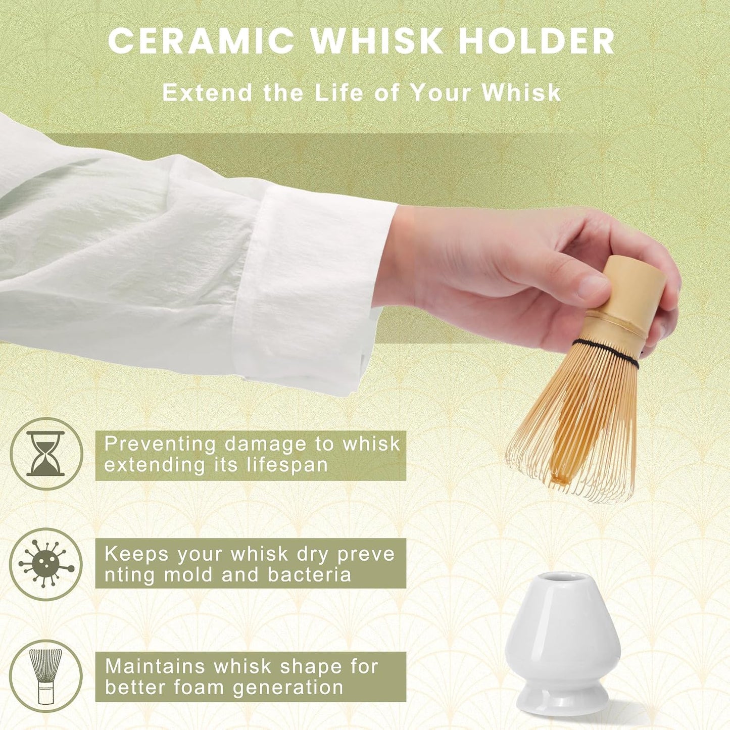 Matcha Whisk Set, Ceramic Matcha Set Includes Matcha Bowl, Matcha Whisk (Chasen) and Holder, Sifter, Bamboo Scoop & Spoon - 6 Pcs Matcha Kit for Matcha Lovers White