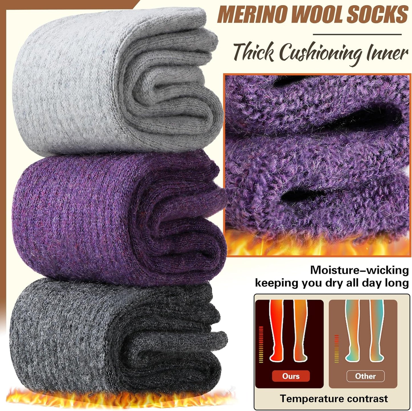 EBMORE Merino Wool Socks for Women Hiking Thermal Warm Winter Thick Boot Cozy Crew Comfy Work Socks for Ladies 5 Pairs