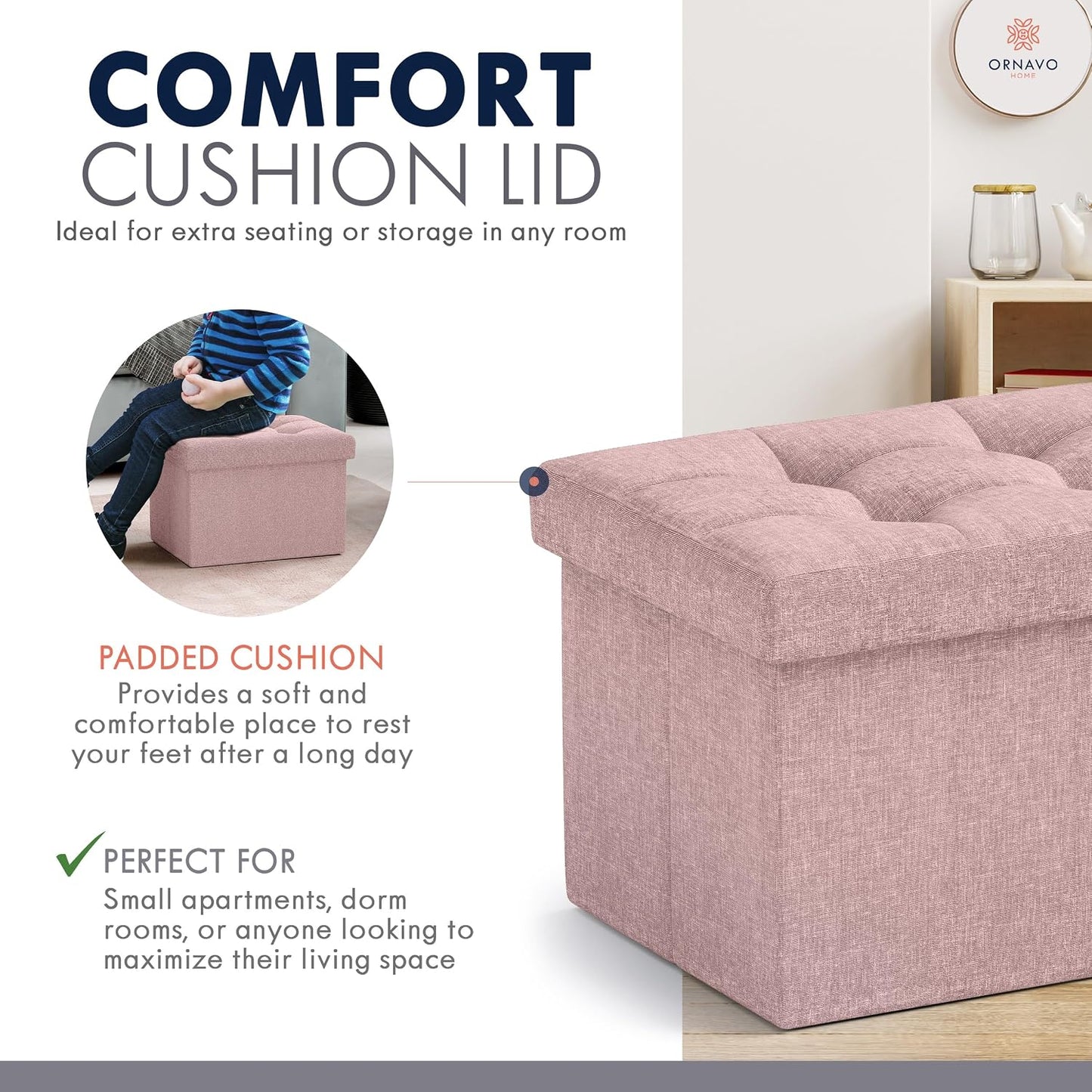 Ornavo Home Small Storage Ottoman Foldable Collapsible Rectangle Linen Ottoman Foot Rest Stool Seat, for Living Room, Bedroom, Home Office, Dorm - 12 x 16 x 12, Black