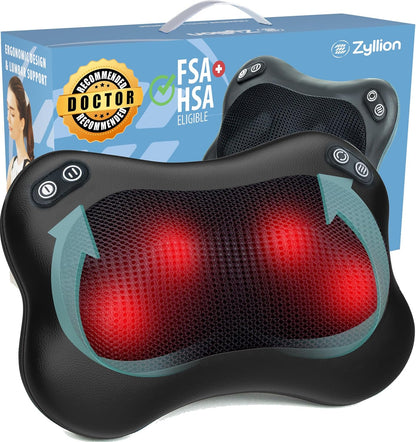Zyllion Shiatsu Back and Neck Massager with Heat - 3D Electric Kneading Deep Tissue Massage Pillow with 8 Massaging Nodes for Muscle Pain Relief, Black, ZMA-25