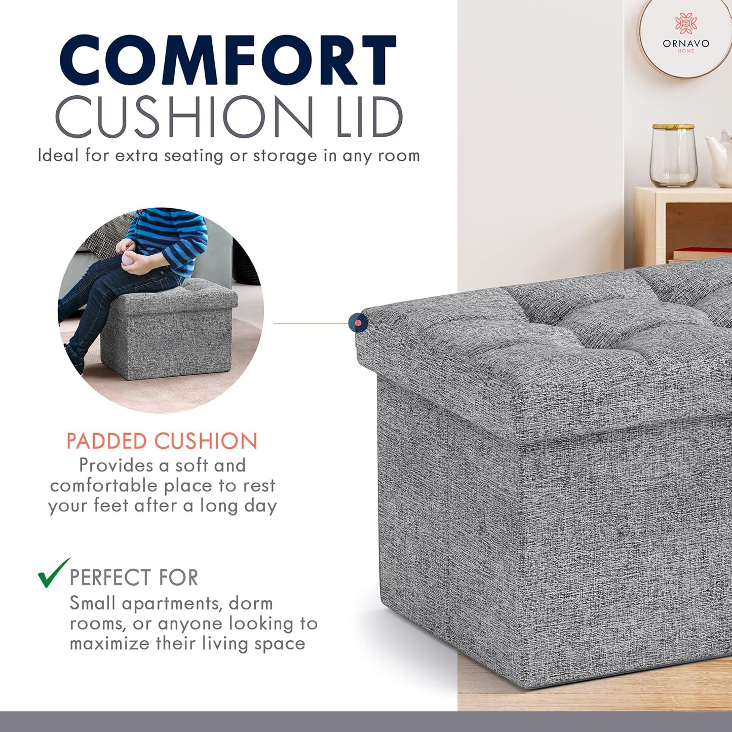 Ornavo Home Small Storage Ottoman Foldable Collapsible Rectangle Linen Ottoman Foot Rest Stool Seat, for Living Room, Bedroom, Home Office, Dorm - 12 x 16 x 12, Black