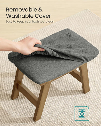 SONGMICS Foot Stool Ottoman, Padded Foot Rest Under Desk with Solid Wood Frame, Removable Cover, for Living Room, 9.8 x 15.4 x 11.8 Inches, Summer Sand and Brown ULSF052LF01