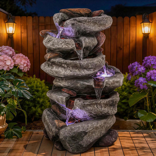 19.5" H 4-Tier Indoor & Outdoor Water Fountain with LED Lights | Resin Pebble Textured Tabletop Cascading Water Feature, Relaxing Decor for Patio, Porch, Deck, Yard & Home