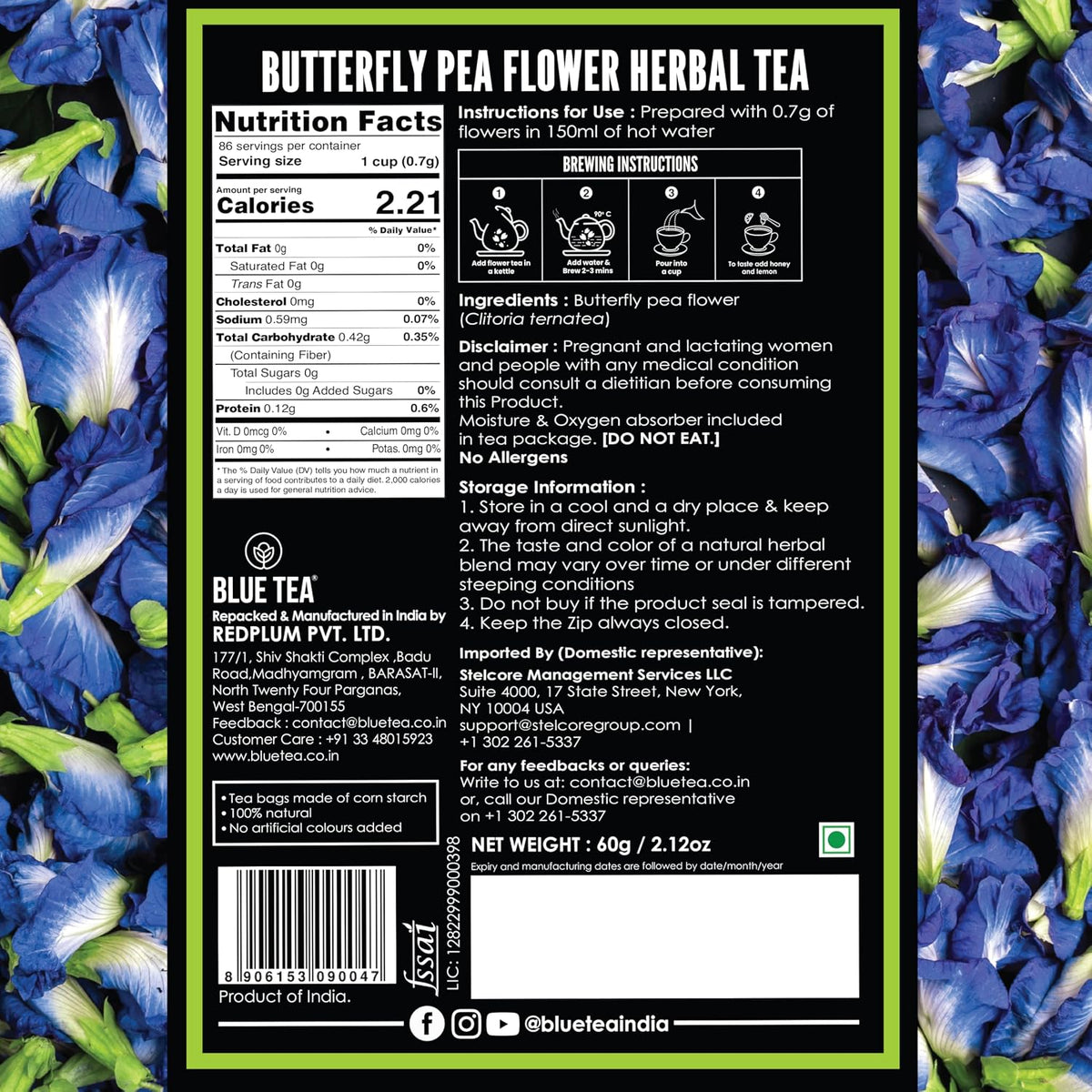 BLUE TEA - Butterfly Pea Flower Tea - 2.11 Oz (150+ Cups) | Antioxidant Rich | Chemical Free - Herbal Tea - Caffeine free - Non Bitter - No Preservatives | Zipper Pack