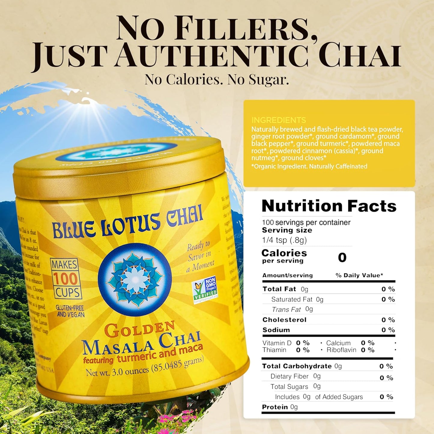 Blue Lotus Chai - Golden Masala Flavor Chai - Makes 100 Cups - 3 Ounce Masala Spiced Chai Powder with Organic Spices - Instant Indian Tea No Steeping - No Gluten