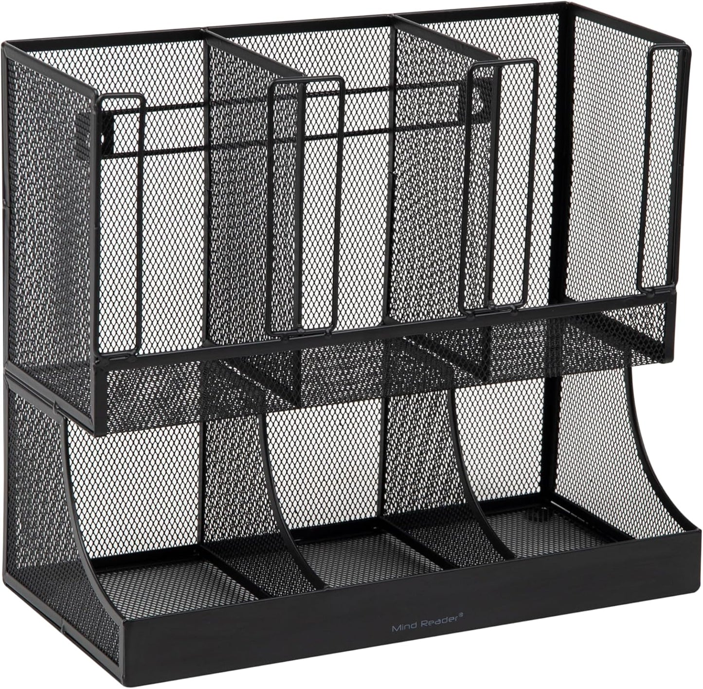 Mind Reader Condiment Station, 13 Inch Countertop Coffee Bar Organizer with 6 Compartments, Storage Caddy for Cups, Lids and Packets, Plastic, Black