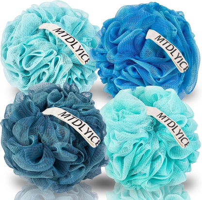 MTDLYICE Loofah Sponge, XXL Large Loofah 100g 4 Pack, Bath Sponge Soft Mesh Shower Loofah for Men, Body Scrub, Shower Pouf Bath Accessories, for Body Wash, Soap (Blue Gray)