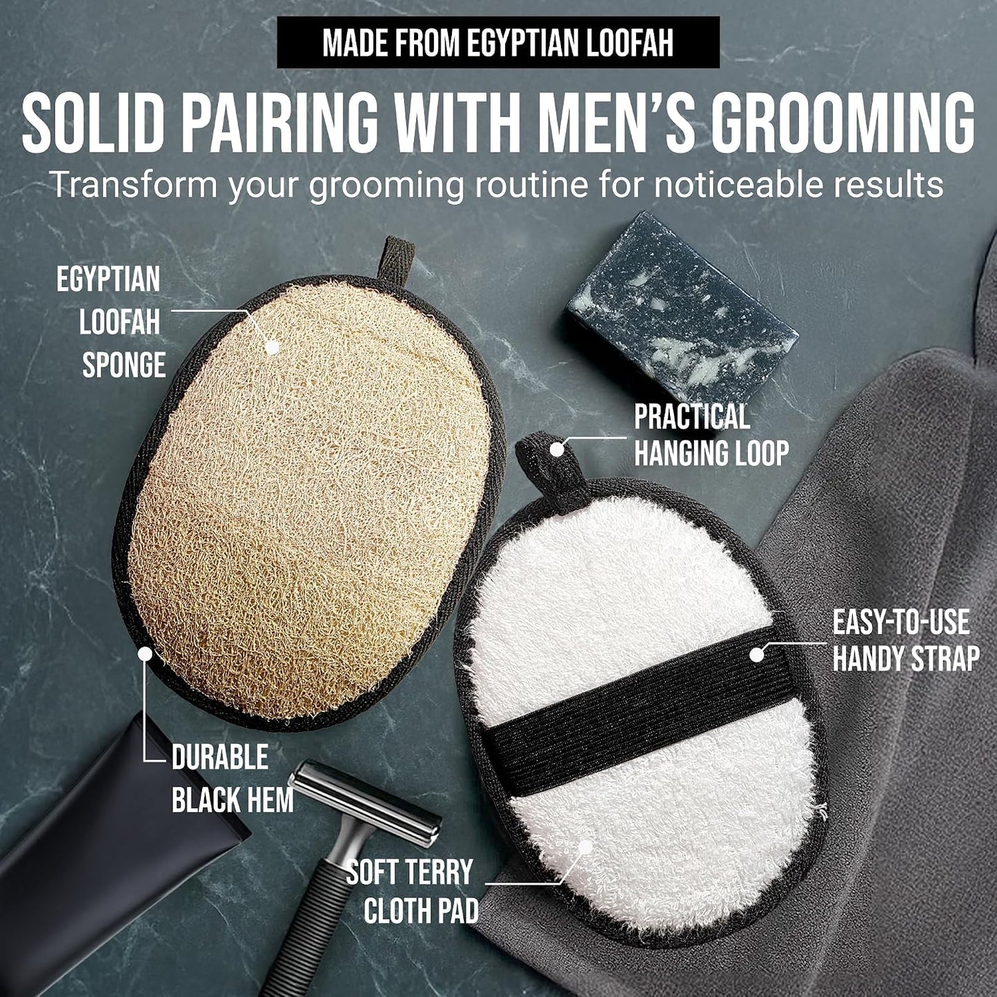 SERRENTO Loofah Body Scrubber Shower - Luffa Sponge 2PCS Black & White Set