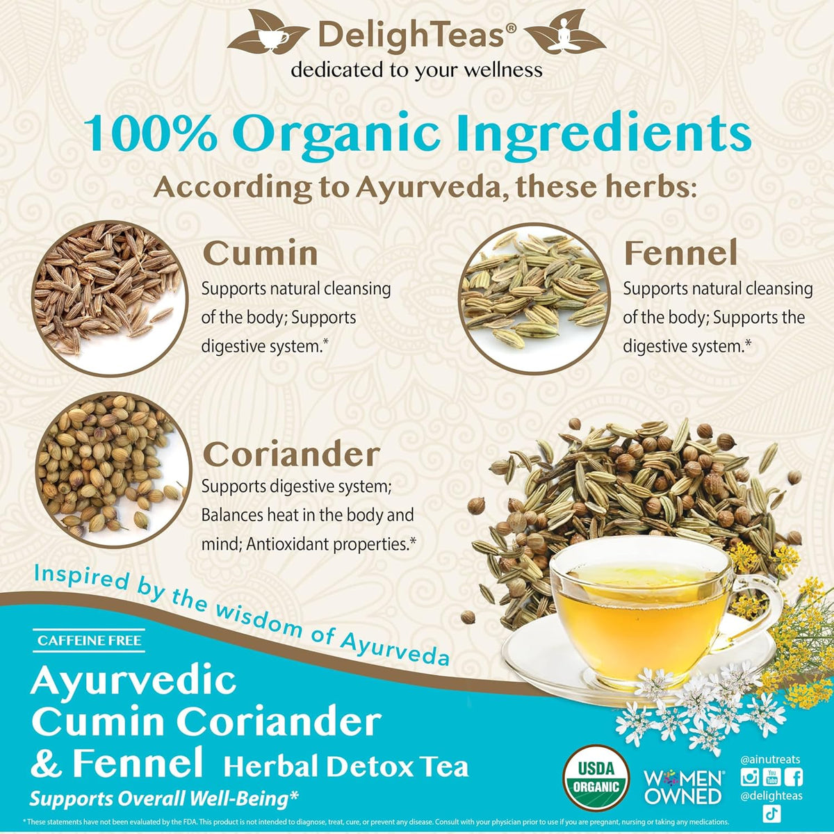 DelighTeas Organic Digest & Detox CCF Tea | Ayurvedic Cumin, Coriander, Fennel Loose Leaf Tea for Digestion, Detox Cleanse | USDA Organic, Non-GMO, Caffeine Free, Sugar Free | 60 Servings, 5 oz.
