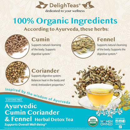 DelighTeas Organic Digest & Detox CCF Tea | Ayurvedic Cumin, Coriander, Fennel Loose Leaf Tea for Digestion, Detox Cleanse | USDA Organic, Non-GMO, Caffeine Free, Sugar Free | 60 Servings, 5 oz.