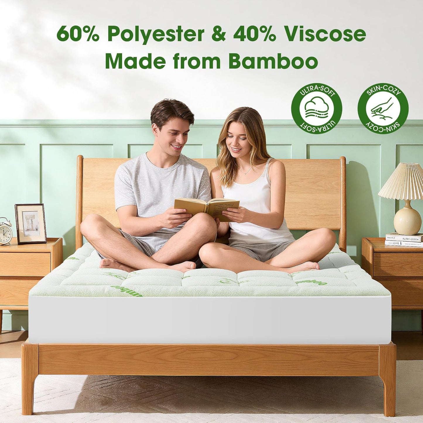 Mattress Pad Queen Size, Cooling Pillow Top Mattress Topper, Ultra Soft Viscose Made from Bamboo, Breathable for Hot Sleepers, Deep Pocket 8"-20", Green