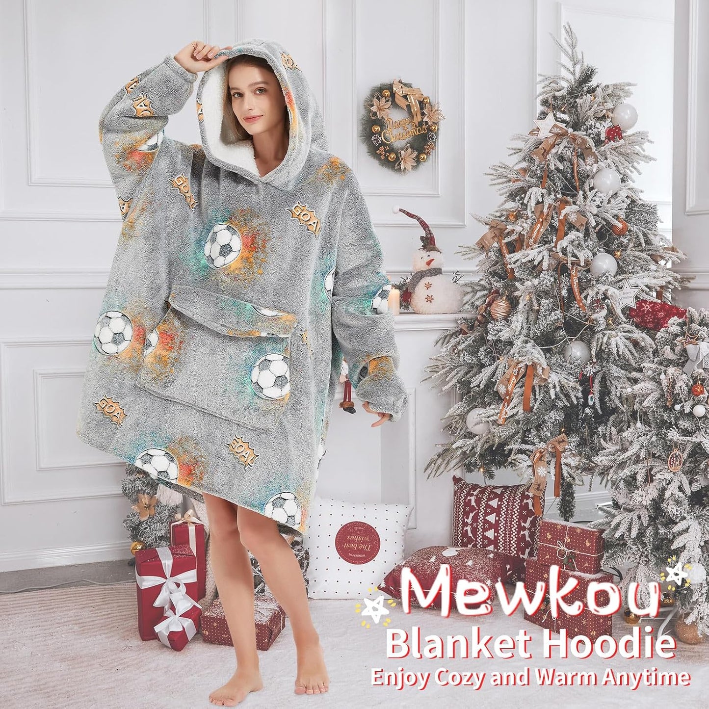 Mewkou Wearable Blanket Hoodie for Adult,Oversized Sherpa Fleece Blanket Hoodie for Women Men,Grey