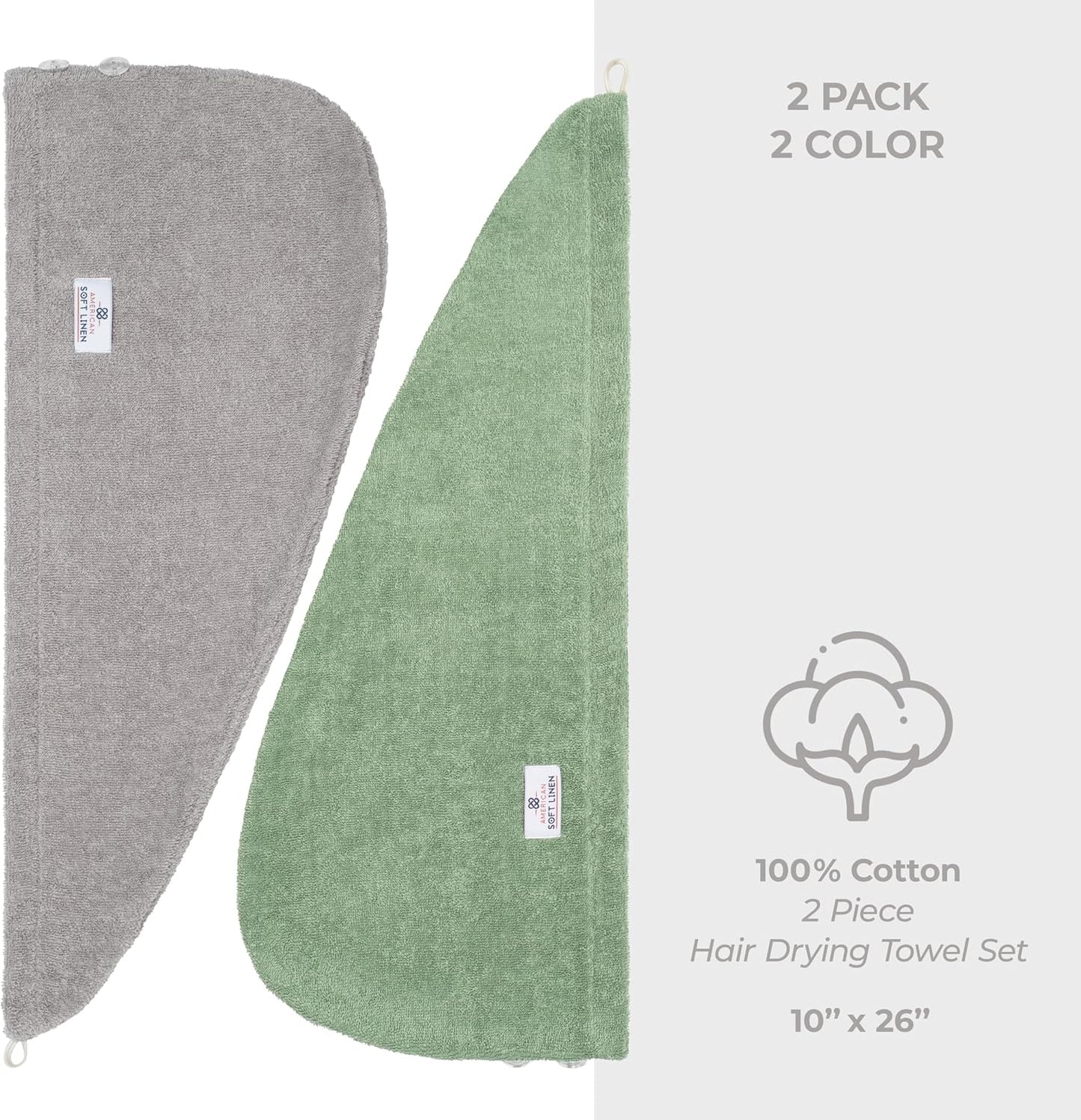 American Soft Linen 100% Cotton Hair Towels for Women, Head Towel Cap, Cotton Hair Turban Towel Wrap for Long Curly Anti Frizz Hair, Soft and Absorbent Cotton Hair Towels 2 Pack, White