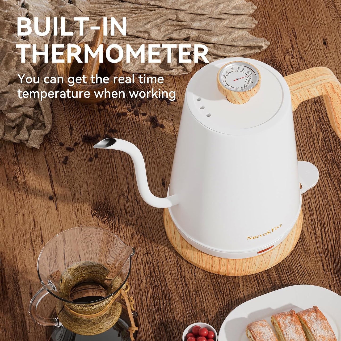 Nueve&Five Gooseneck Electric Kettle with Thermometer, Copper Tea Kettle with Auto Shut-Off,1000W Hot Water Kettle Electric of Stainless Steel,Electric Kettles for,Coffee & Tea