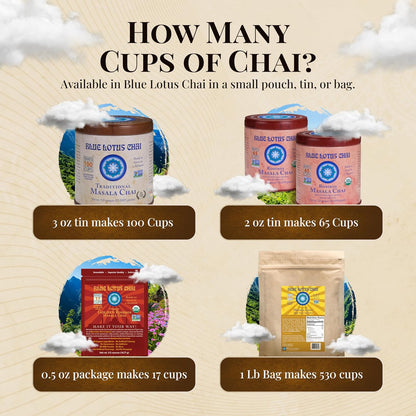 Blue Lotus Chai - Golden Masala Flavor Chai - Makes 100 Cups - 3 Ounce Masala Spiced Chai Powder with Organic Spices - Instant Indian Tea No Steeping - No Gluten
