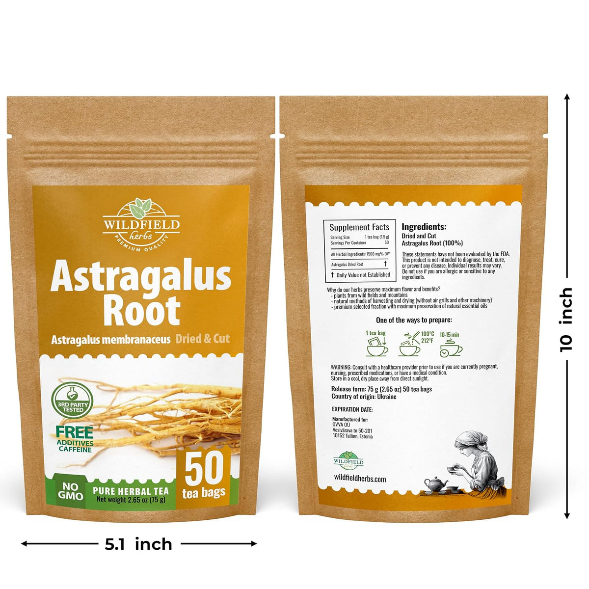 WILDFIELD HERBS 50 Bags Astragalus Root Herbal Tea – 50 Tea Bags 1.5g Astragalus Root Huang Qi