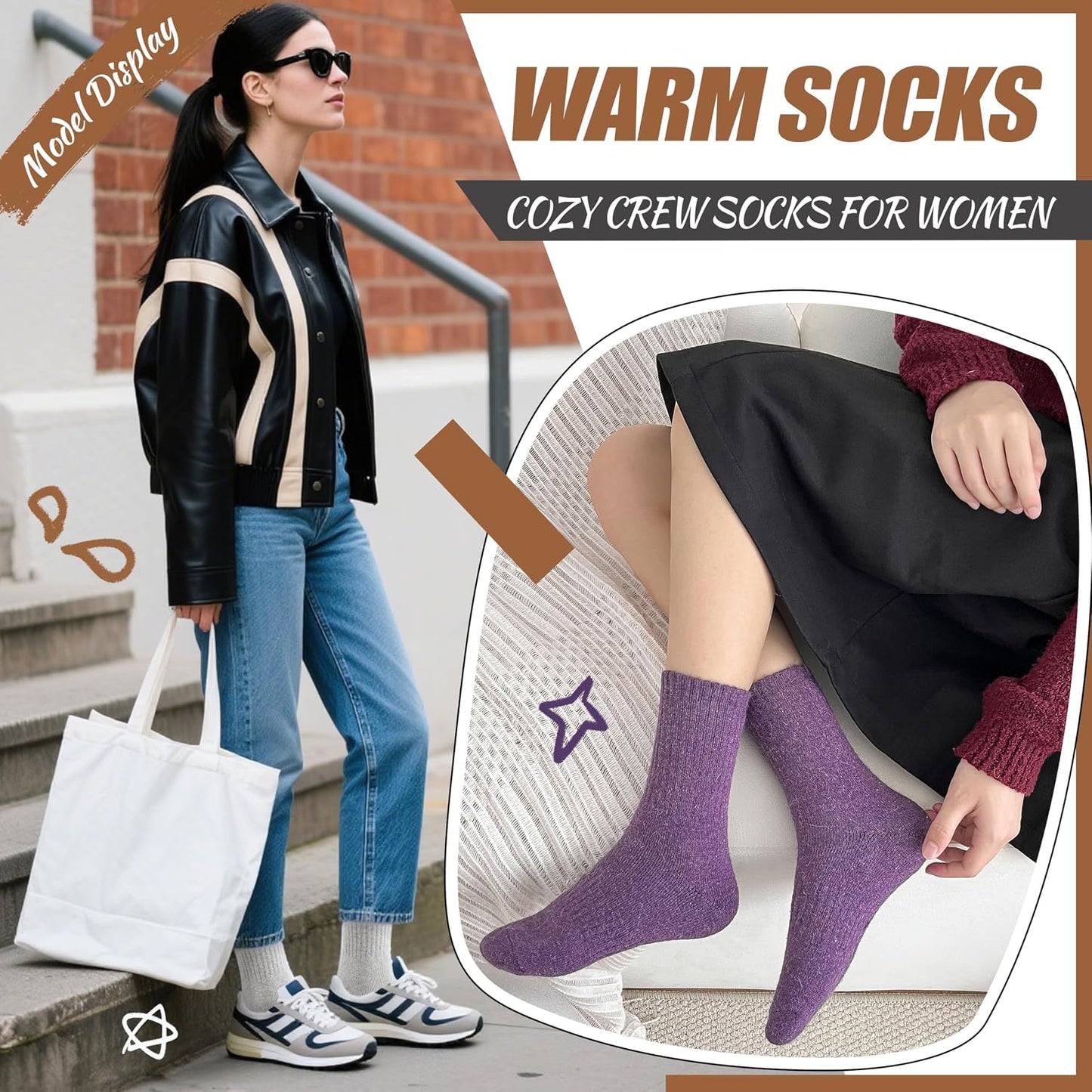 EBMORE Merino Wool Socks for Women Hiking Thermal Warm Winter Thick Boot Cozy Crew Comfy Work Socks for Ladies 5 Pairs