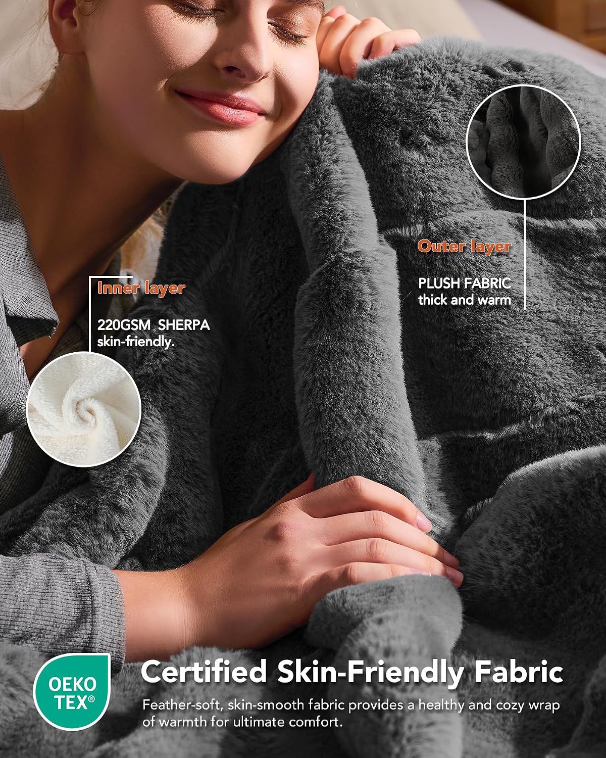 Homemate Electric Heated Blanket Twin - 62"x84" Heating Bed Blankets Throw with 10 Heating Levels 8 Hours Auto Off Fast Heating Over-Heated Protection Ultra Soft Warm Flannel ETL Certified Grey - Colors A