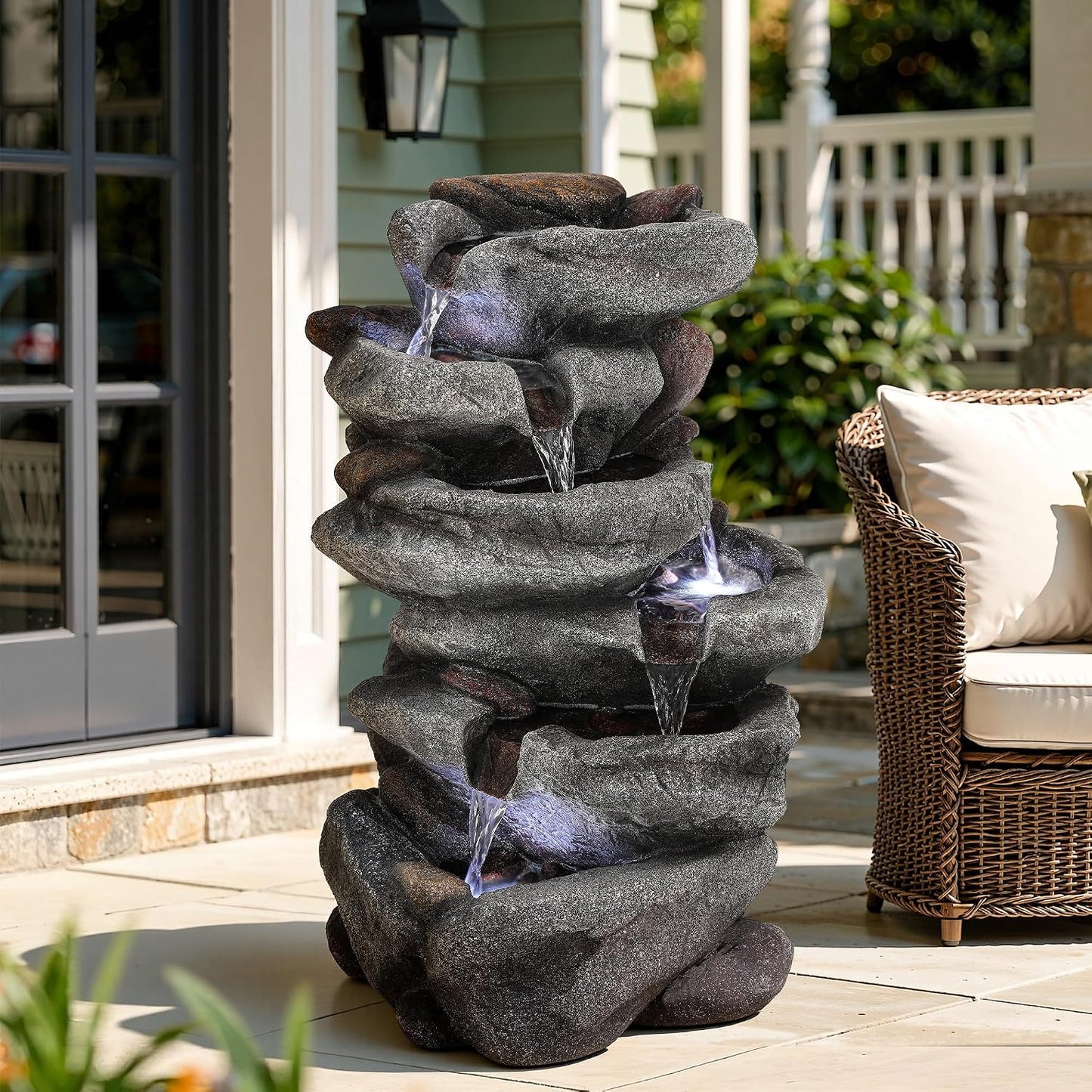 19.5" H 4-Tier Indoor & Outdoor Water Fountain with LED Lights | Resin Pebble Textured Tabletop Cascading Water Feature, Relaxing Decor for Patio, Porch, Deck, Yard & Home