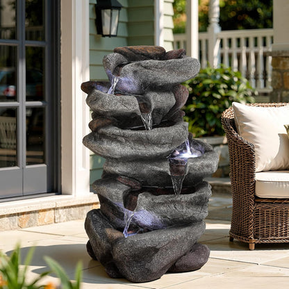 19.5" H 4-Tier Indoor & Outdoor Water Fountain with LED Lights | Resin Pebble Textured Tabletop Cascading Water Feature, Relaxing Decor for Patio, Porch, Deck, Yard & Home