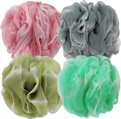 DadyMart Shower Loofah Sponge Pouf – XL Exfoliating Bath Puff Body Scrubber, Soft Mesh Shower Sponge with Reinforced Knot, Rich Lather, Set of 4 for Women and Men