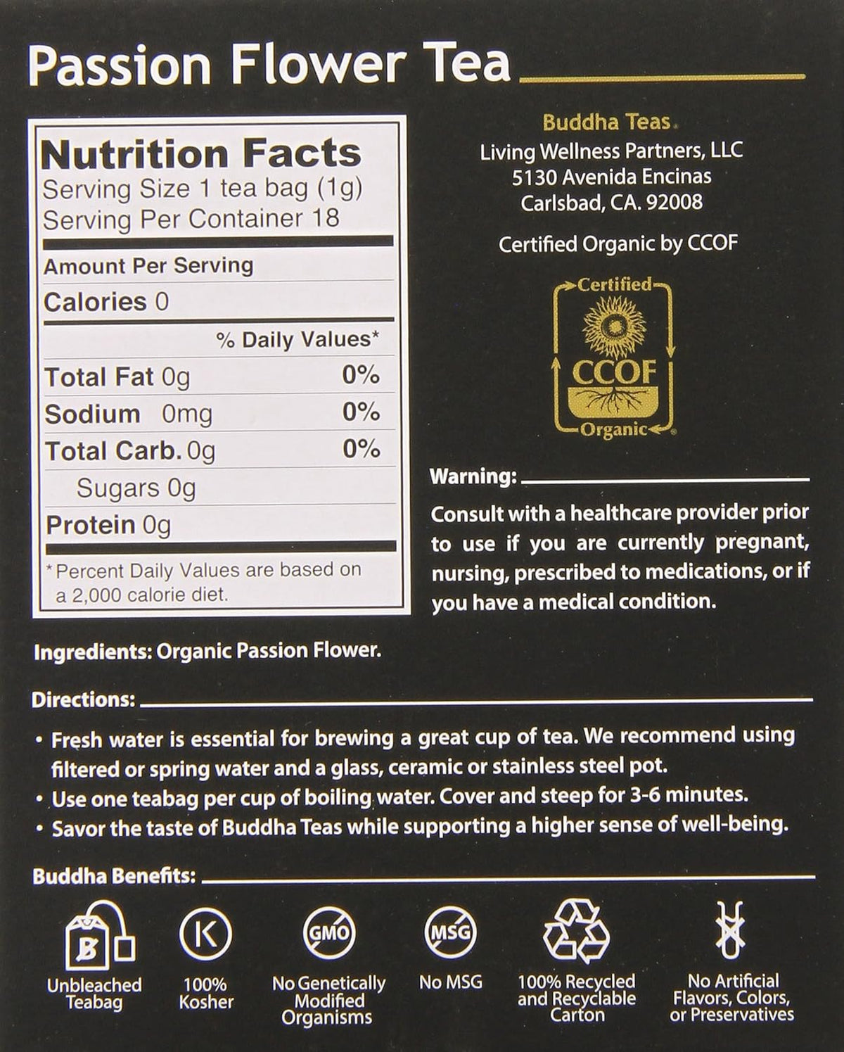 Buddha Teas Passion Flower Tea, 18 Count (Pack of 6)