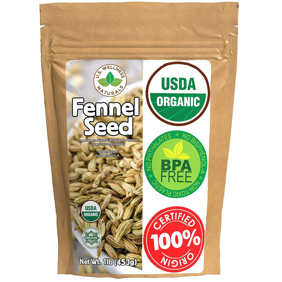 Fennel Seed 1LB (16Oz) 100% CERTIFIED Organic Egyptian Fennel Seed (Foeniculum vulgare), in 1 lbs. Bulk Resealable BPA-free Bag by U.S. Wellness Naturals