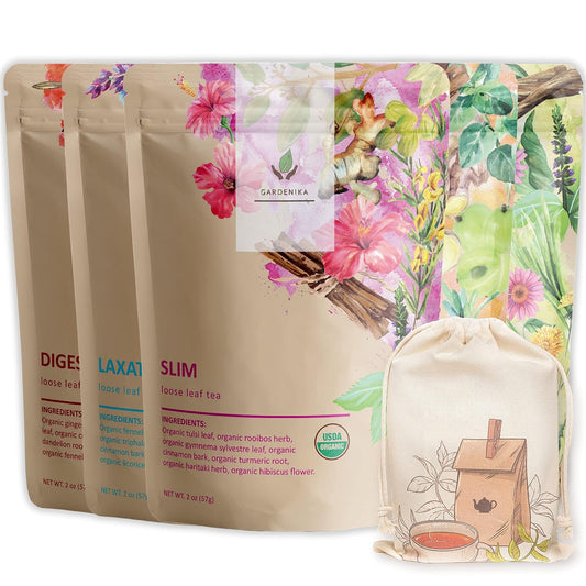 Gardenika Organic Loose Leaf Tea Set - Herbal and Caffeine-Free Variety - Kosher, No Natural or Artificial Flavors