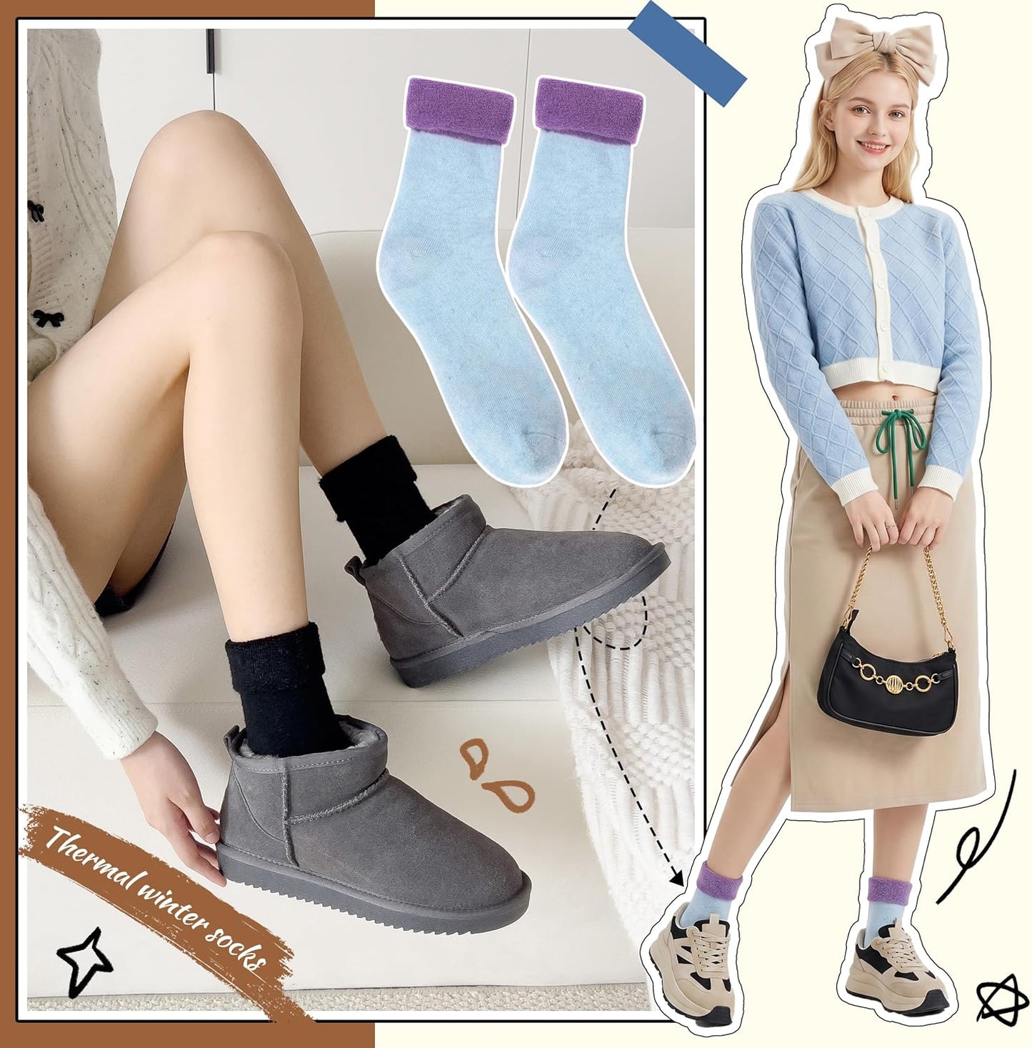 EBMORE 5 Pairs Women Merino Wool Boot Socks Warm Thermal Winter Thick Hiking Cozy Cabin Crew Comfy Socks for Ladies