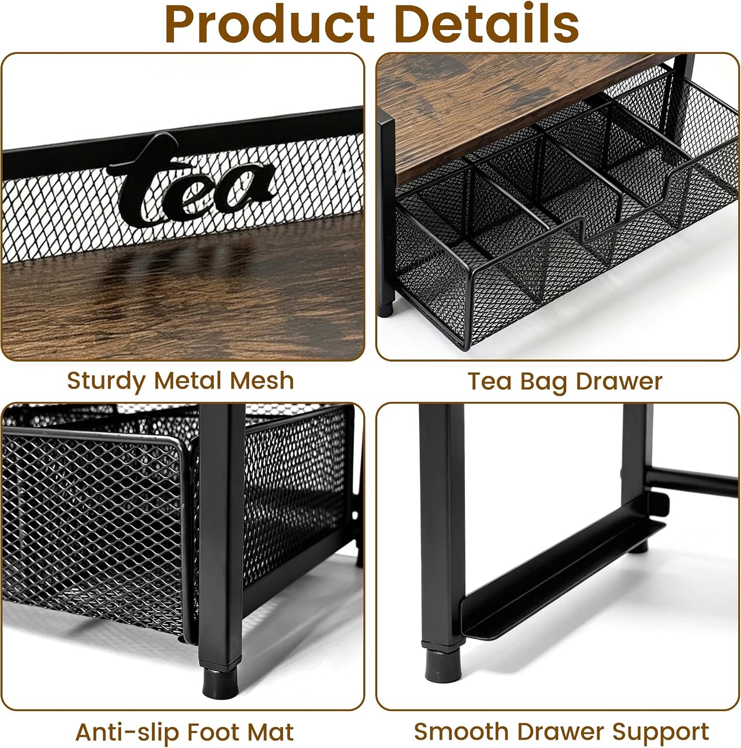 2 Tier Tea Bag Organizer and Storage - 8 Drawer Sliding Tea Box Organizer, Tea Bar Accessories Organizer for Countertop, Bar Station, Kitchen (Rustic Brown)