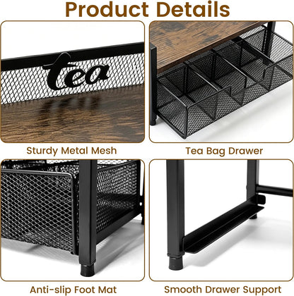 2 Tier Tea Bag Organizer - 8 Drawer Sliding Tea Box Organizer, Tea Bar Accessories Organizer for Countertop, Bar Station, Kitchen (Rustic Brown)