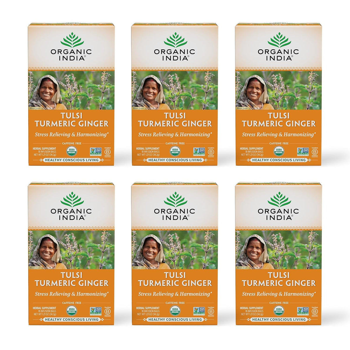 ORGANIC INDIA Tulsi Turmeric Ginger Herbal Tea, 18 Infusion Bags, 6 Pack