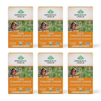 ORGANIC INDIA Tulsi Turmeric Ginger Herbal Tea, 18 Infusion Bags, 6 Pack