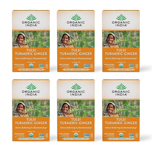 ORGANIC INDIA Tulsi Turmeric Ginger Herbal Tea, 18 Infusion Bags, 6 Pack