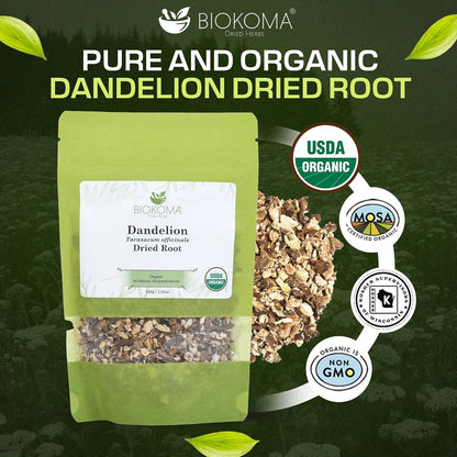 Biokoma Organic Dandelion Root Dried Herb 100g (3.55oz) USDA Organic Taraxacum Cut & Sifted Herbal Tea Kidney Liver Detox Digestion Support Caffeine-Free No Additives No Preservatives No GMO Kosher