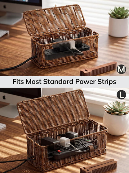 Cable Management Box, Cord Organizer with Lid & Cable Ties - Brown, L