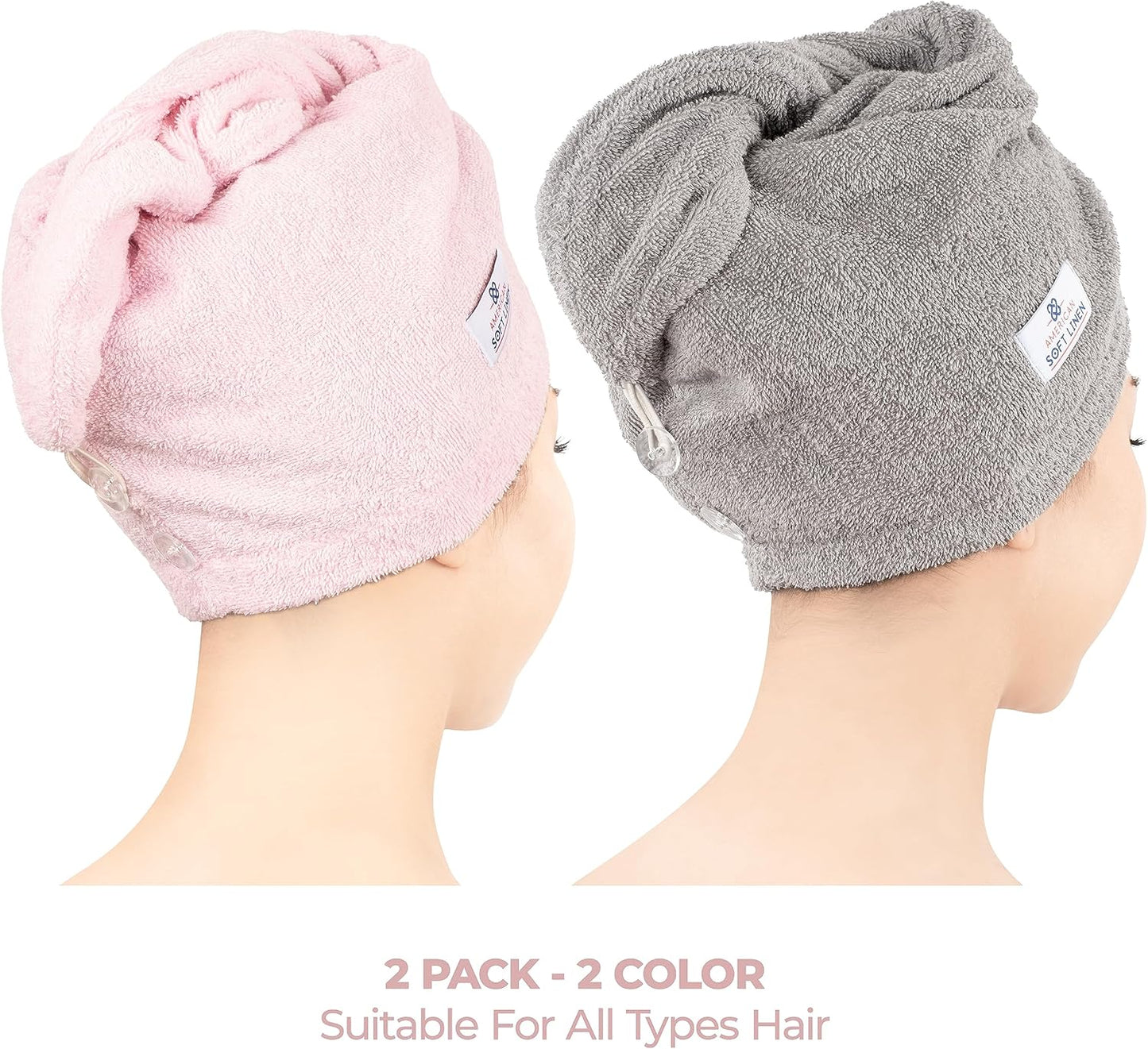American Soft Linen 100% Cotton Hair Towels for Women, Head Towel Cap, Cotton Hair Turban Towel Wrap for Long Curly Anti Frizz Hair, Soft and Absorbent Cotton Hair Towels 2 Pack, White