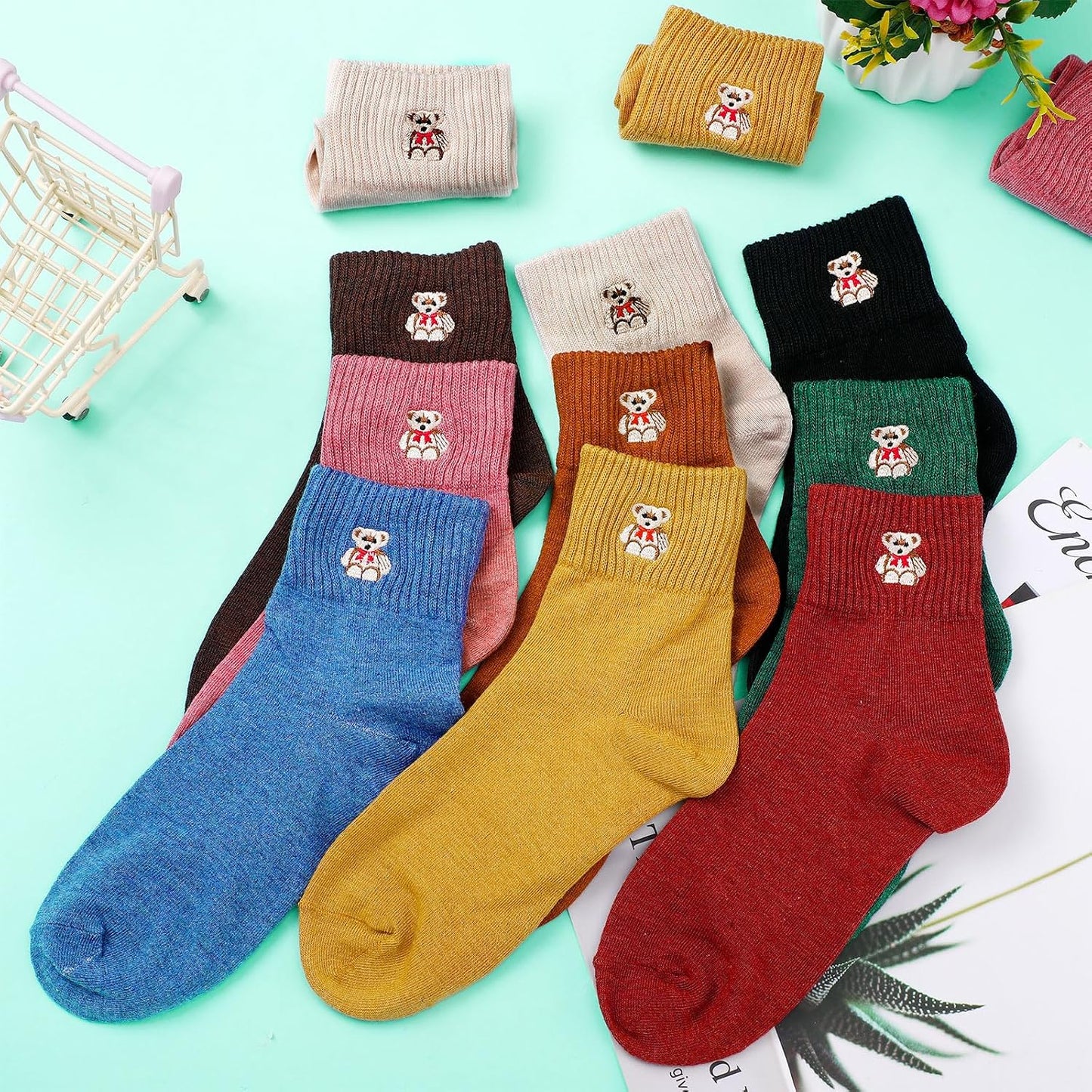 Eurzom 10 Pairs Socks Womens Crew Elastic Ankle Length Cotton Socks Aesthetic Cute Lightweight Low Cut Gifts for Women - Colors B