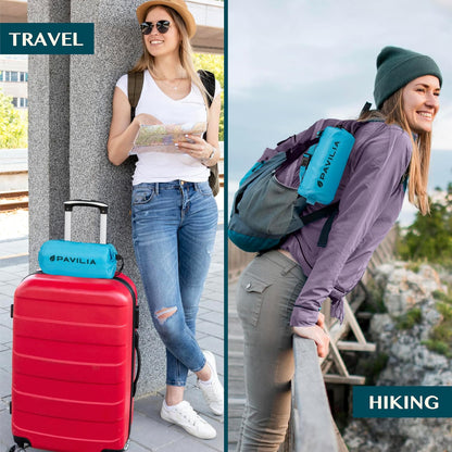 PAVILIA Travel Blanket Airplane Compact with Bag, Lightweight Soft Fleece Plane Blanket Long Flights, Camping Road Trips, Packable Travel Gift Essentials with Luggage Backpack Strap, 65x40, Purple