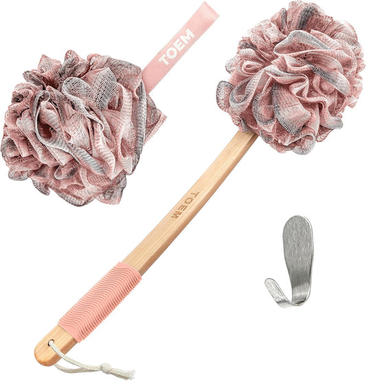 Toem® Loofah Back Scrubber for Shower | Bamboo Charcoal Fiber Infused | Loufas for Men & Women | Includes 1 Long Handled Shower Sponge, 1 Bath & Shower Luffa Pouf & 1 Hook to Hang Stuff (Slate Grey)