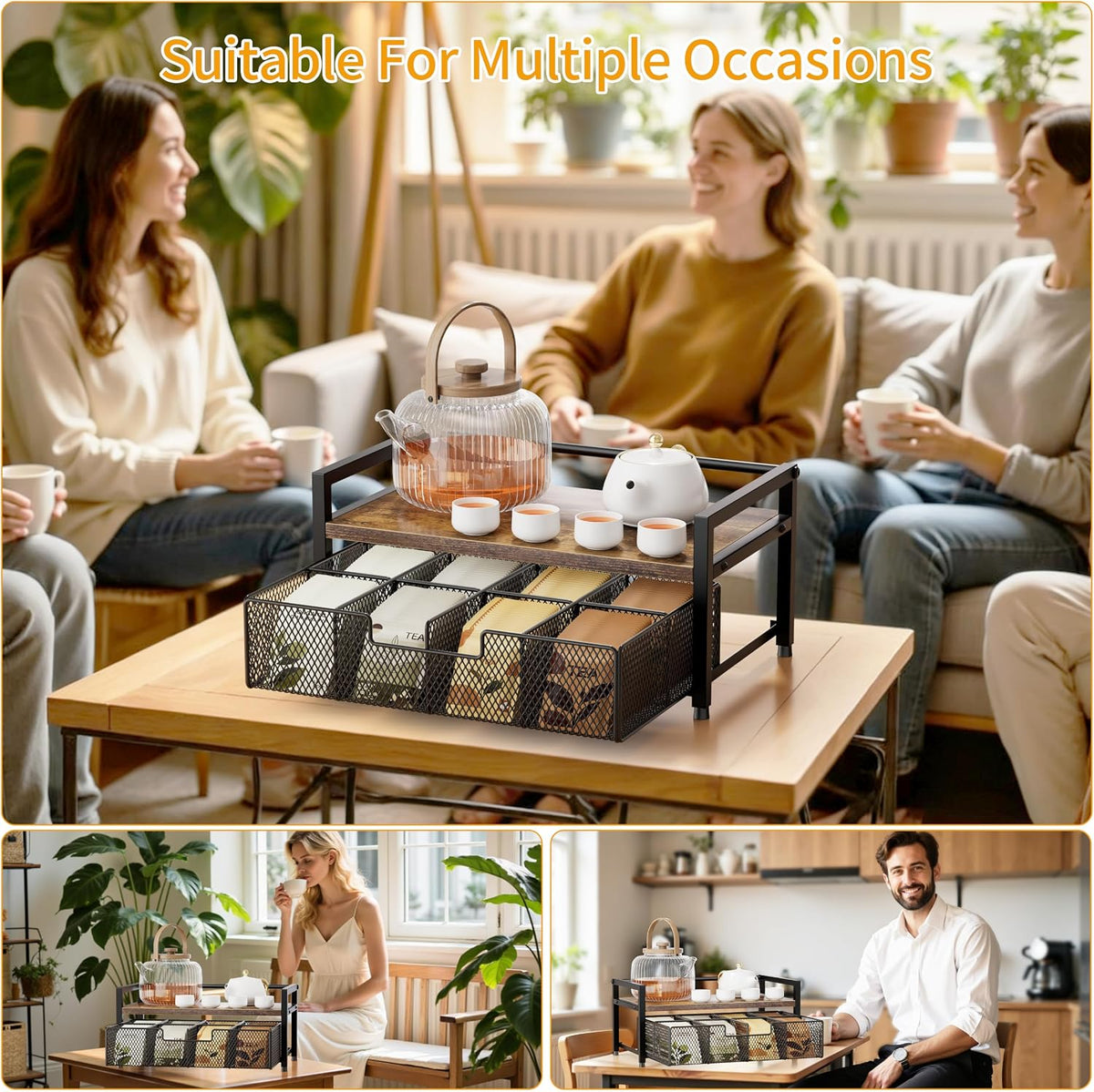 Tea Bag Organizer, Tea Bag Holder with Drawer, Wood and Metal Tea Organizers and Storage Chest for Countertop Kitchen, Office, Rustic Brown