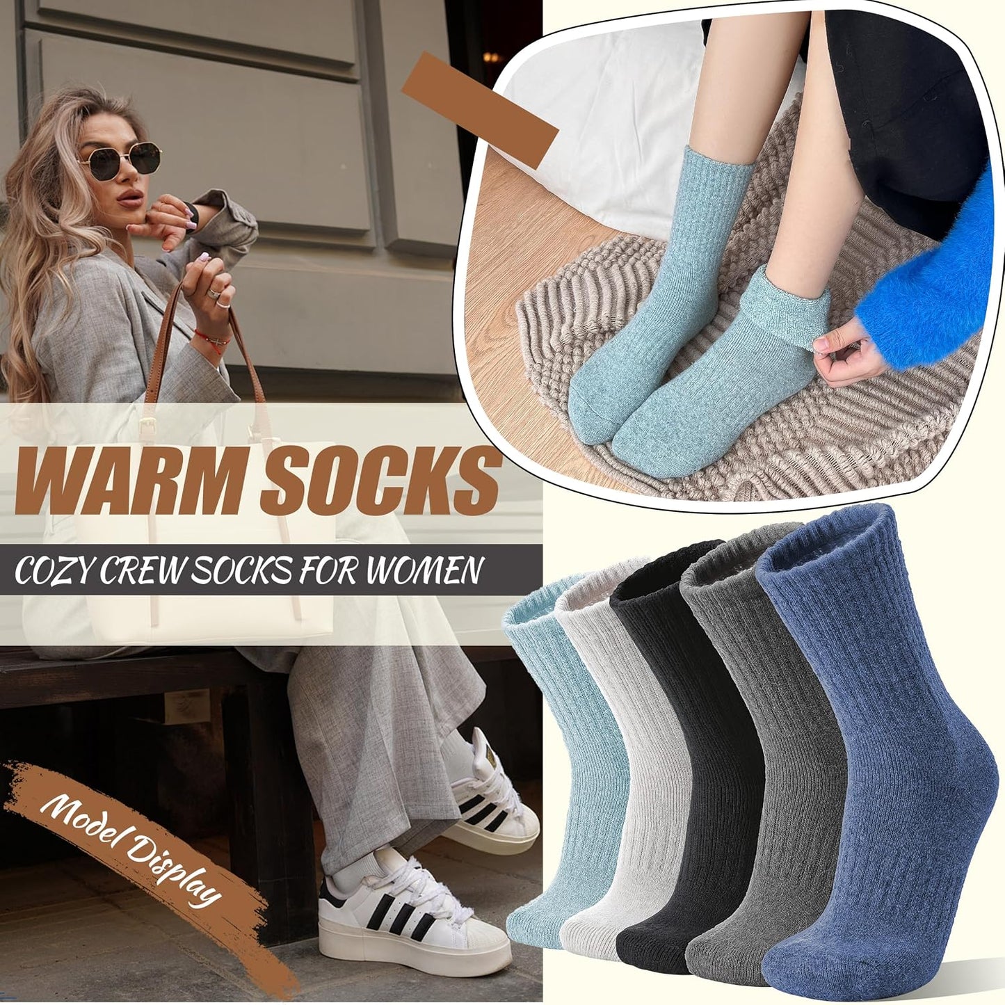 EBMORE 5 Pairs Women Merino Wool Boot Socks Warm Thermal Winter Thick Hiking Cozy Cabin Crew Comfy Socks for Ladies