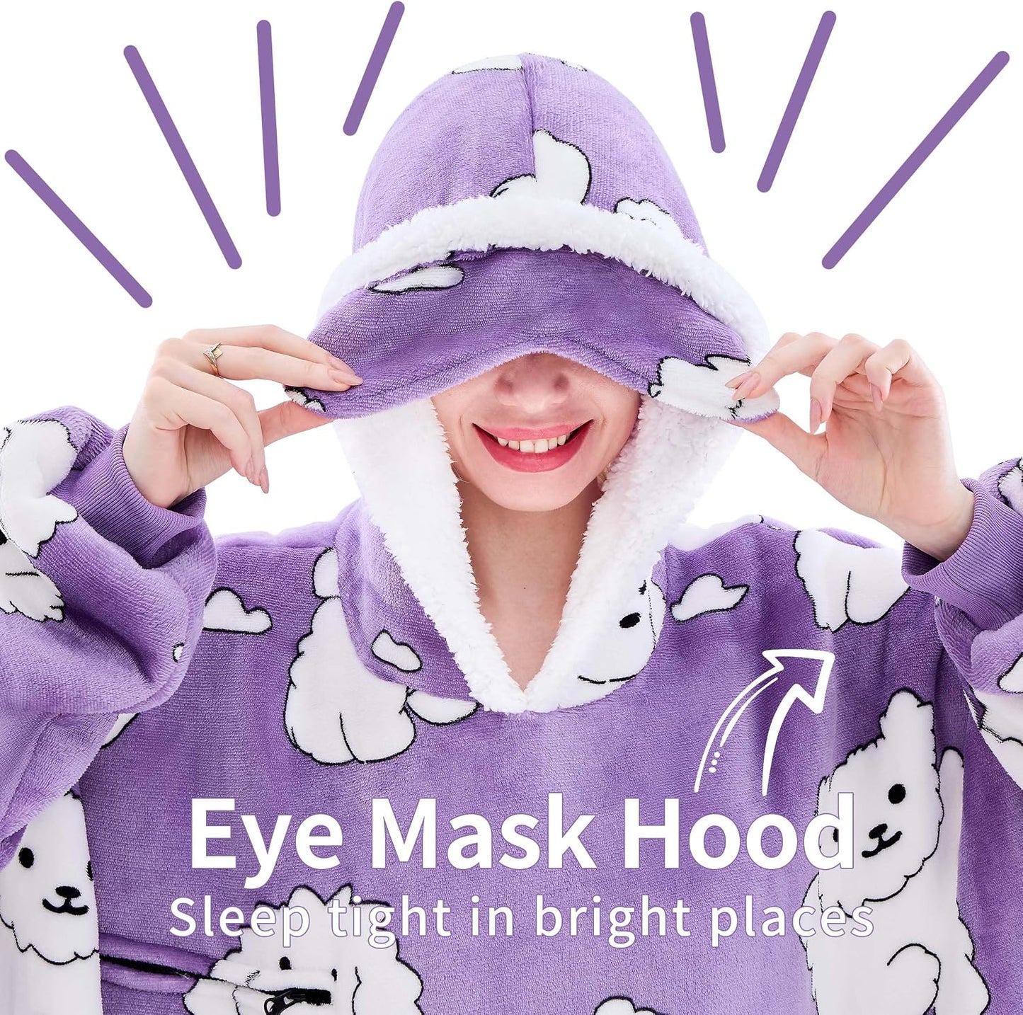 IFNOW Wearable Blanket Hoodie, Oversized Sherpa Fleece Hooded Blanket Sweatshirt with Eye Mask and Pocket, Comfy Long Flannel Blanket for Adults Men,Gifts for Women Mom Girlfriend,MoonFace