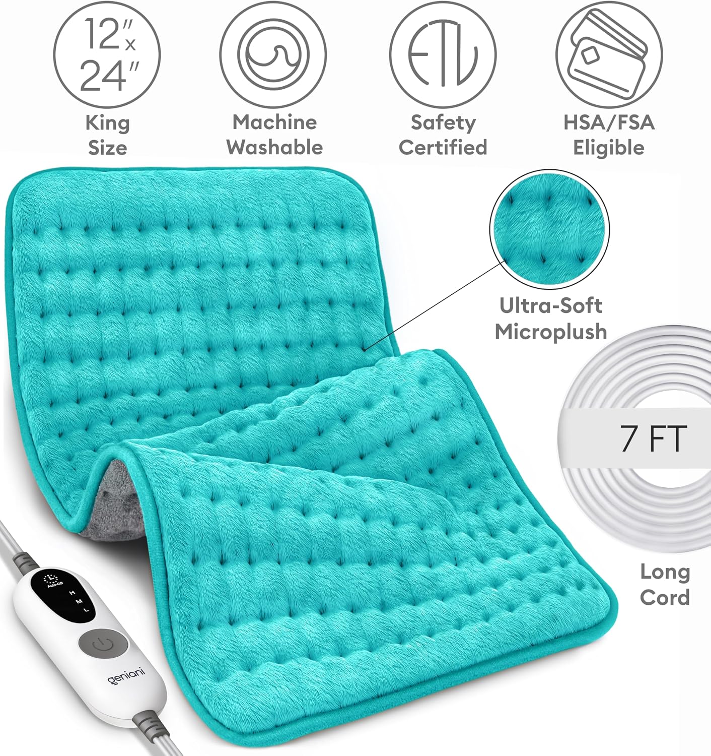GENIANI Electric Heating Pad for Back Pain & Cramps Relief, Electric Throw, Self Care Gifts for Women, Heating Pad for Neck & Shoulder, Machine Washable Microplush, Auto Shut Off (12"x24", Tabby Gray)