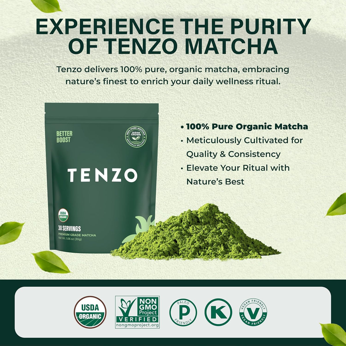 Tenzo Matcha Green Tea Powder - Matcha Powder USDA Organic Premium Grade - Kosher - Authentic Japanese Matcha Tea - Original Matcha Latte Powder - BetterBoost (1.06 Ounce)