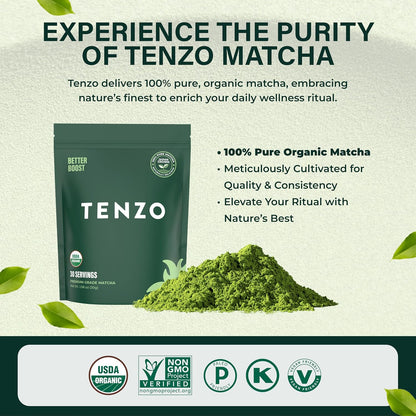 Tenzo Matcha Green Tea Powder - Matcha Powder USDA Organic Premium Grade - Kosher - Authentic Japanese Matcha Tea - Original Matcha Latte Powder - BetterBoost (1.06 Ounce)