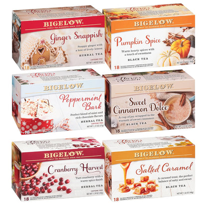 Bigelow Tea Seasonal Tea 6 Flavor Variety Pack, 18 Count (Pack of 6)